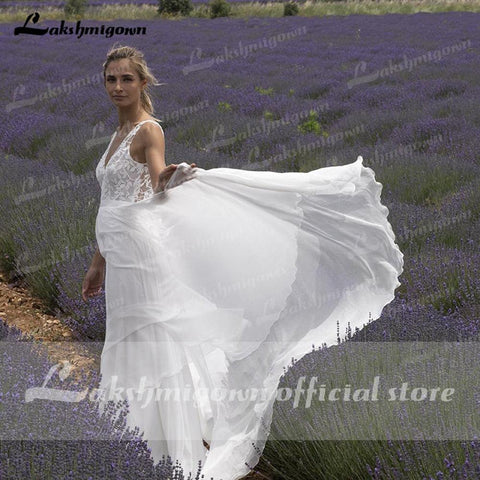 NumberSea V-Ausschnitt Spitze Ärmellos Offener Rücken Elegante Brautkleider für Frauen 2021 Strand Sweep Zug Vestido de Fiesta de Boda Lakshmigown