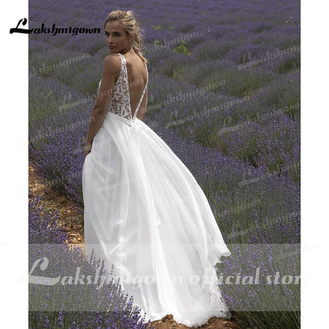 NumberSea V-Ausschnitt Spitze Ärmellos Offener Rücken Elegante Brautkleider für Frauen 2021 Strand Sweep Zug Vestido de Fiesta de Boda Lakshmigown