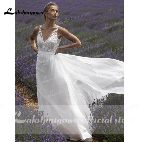 NumberSea V-Ausschnitt Spitze Ärmellos Offener Rücken Elegante Brautkleider für Frauen 2021 Strand Sweep Zug Vestido de Fiesta de Boda Lakshmigown