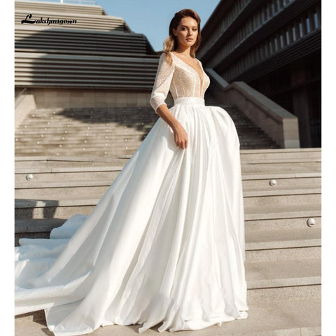 NumberSea sukienka na wesele Satin Tiefer V-ausschnitt Dreiviertelärmel Brautkleider Elegante hochzeitskleid prinzessin luxuoso Lakshmigown
