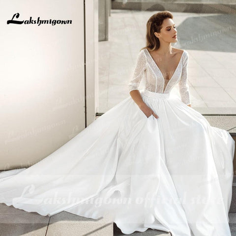 NumberSea sukienka na wesele Satin Tiefer V-ausschnitt Dreiviertelärmel Brautkleider Elegante hochzeitskleid prinzessin luxuoso Lakshmigown