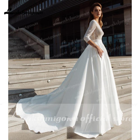 NumberSea sukienka na wesele Satin Tiefer V-ausschnitt Dreiviertelärmel Brautkleider Elegante hochzeitskleid prinzessin luxuoso Lakshmigown