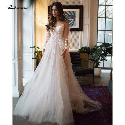 NumberSea robede mariage 2021 Strand Elegante langarm Spitze Tüll Backless Brautkleider Mit Gürtel EINE Linie vestido de casamento simples