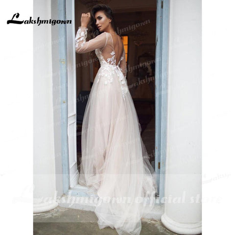NumberSea robede mariage 2021 Strand Elegante langarm Spitze Tüll Backless Brautkleider Mit Gürtel EINE Linie vestido de casamento simples