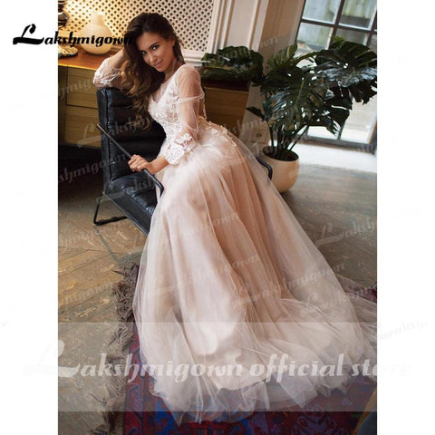 NumberSea robede mariage 2021 Strand Elegante langarm Spitze Tüll Backless Brautkleider Mit Gürtel EINE Linie vestido de casamento simples