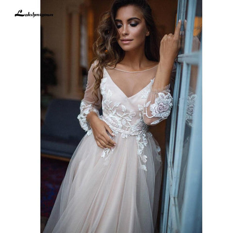 NumberSea robede mariage 2021 Strand Elegante langarm Spitze Tüll Backless Brautkleider Mit Gürtel EINE Linie vestido de casamento simples