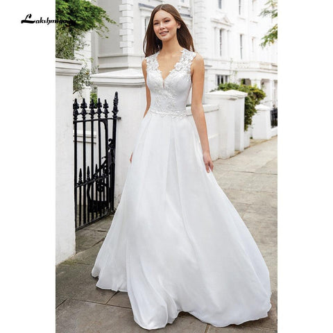 NumberSea vistidos de festa de casamento V-Ausschnitt ärmellose Spitze Chiffon Brautkleider mit Knöpfen hinten vestido para boda playa