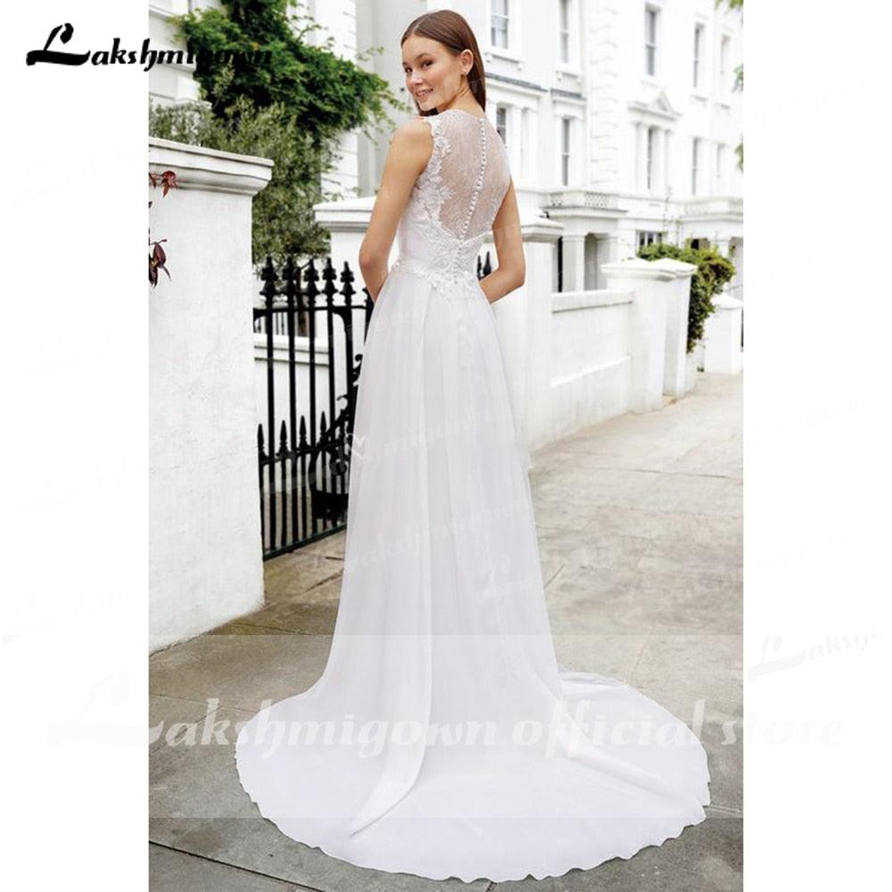 NumberSea vistidos de festa de casamento V Neck Sleeveless Lace Chiffon Wedding Dresses With Back Buttons vestido para boda playa