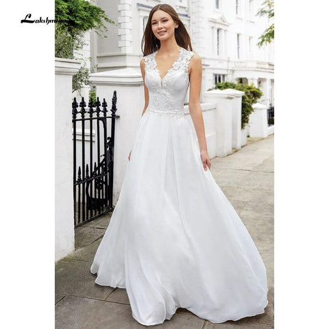 NumberSea vistidos de festa de casamento V-Ausschnitt ärmellose Spitze Chiffon Brautkleider mit Knöpfen hinten vestido para boda playa