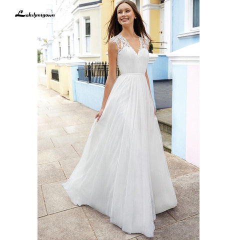 NumberSea vestido para boda playa 2021 Ärmellose Spitze V-ausschnitt Einfache Hobo Hochzeit Kleid Backless Böhmischen stil vestido de fiesta de boda