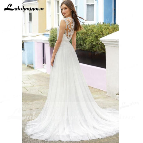 NumberSea vestido para boda playa 2021 Ärmellose Spitze V-ausschnitt Einfache Hobo Hochzeit Kleid Backless Böhmischen stil vestido de fiesta de boda