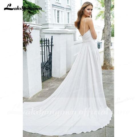 NumberSea Schlichte Spaghettiträger, schulterfrei, Satin, Falten, Brautkleider mit Knöpfen auf der Rückseite, V-Ausschnitt, rückenfrei, Strandkleid