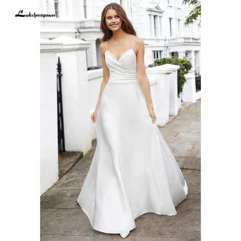 NumberSea Schlichte Spaghettiträger, schulterfrei, Satin, Falten, Brautkleider mit Knöpfen auf der Rückseite, V-Ausschnitt, rückenfrei, Strandkleid