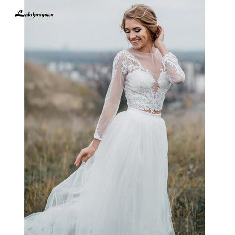 NumberSea Trouwjurk Zwei Stücke Spitze Tüll Langarm Boho Brautkleider Bohemian Beach Brautkleid sukienka na wesele 2021 Lakshmigown