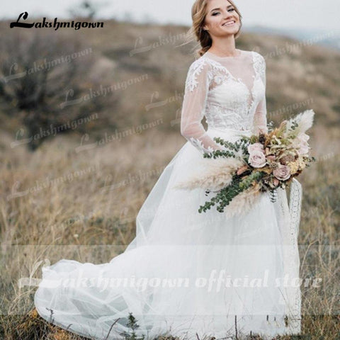 NumberSea Trouwjurk Zwei Stücke Spitze Tüll Langarm Boho Brautkleider Bohemian Beach Brautkleid sukienka na wesele 2021 Lakshmigown