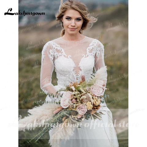 NumberSea Trouwjurk Zwei Stücke Spitze Tüll Langarm Boho Brautkleider Bohemian Beach Brautkleid sukienka na wesele 2021 Lakshmigown