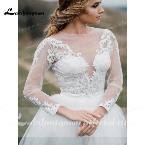 NumberSea Trouwjurk Zwei Stücke Spitze Tüll Langarm Boho Brautkleider Bohemian Beach Brautkleid sukienka na wesele 2021 Lakshmigown