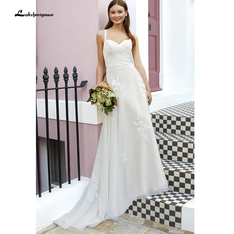 NumberSea vestido noiva 2021 Falten Spitze Spaghetti-trägern Weg Von der Schulter Boho Brautkleider Backless Elegante trajes de novias largos