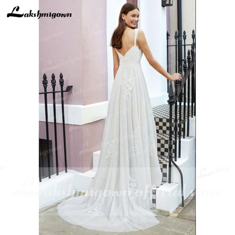 NumberSea vestido noiva 2021 Falten Spitze Spaghetti-trägern Weg Von der Schulter Boho Brautkleider Backless Elegante trajes de novias largos
