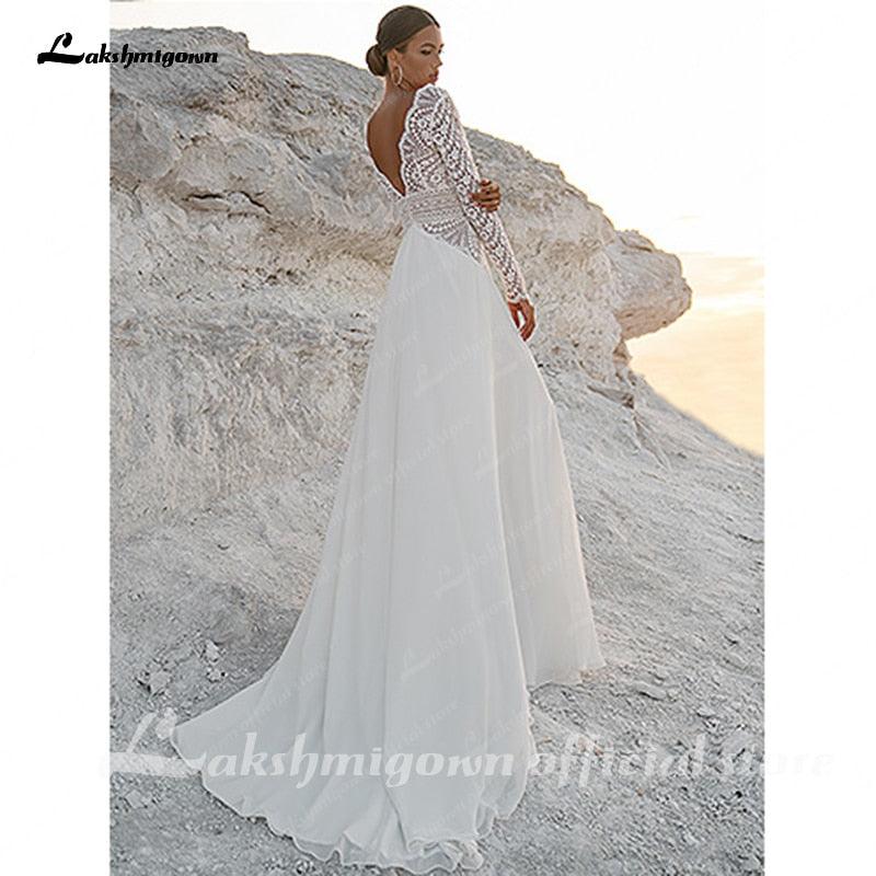 NumberSea Vintage Lace Long Sleeves Boho Wedding Dresses 2021 V Neck Bohemian Chiffon Bridal Dress Hochzeit Longue Robe 2021