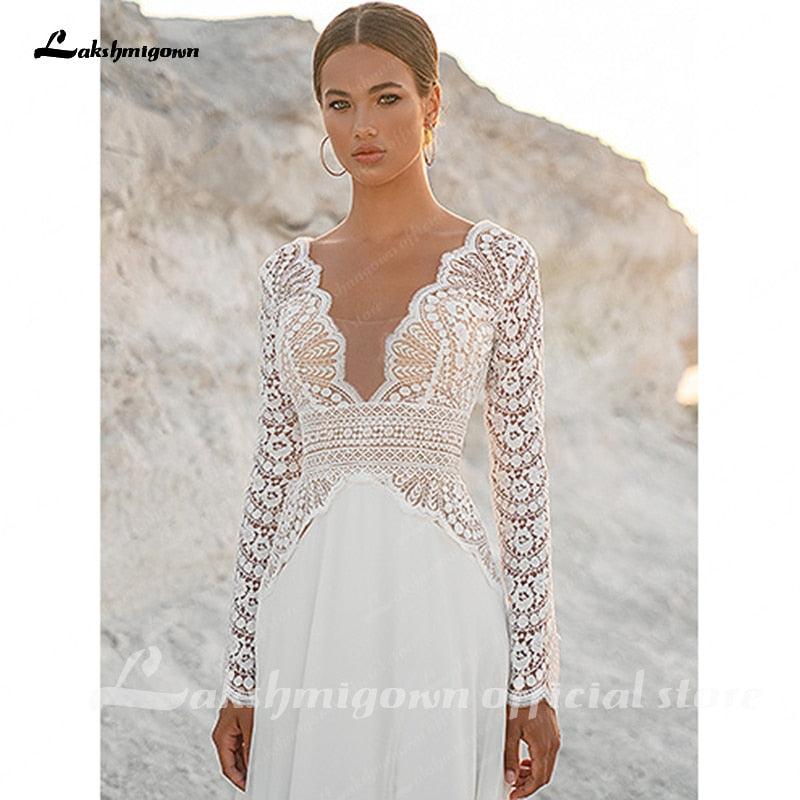 NumberSea Vintage Lace Long Sleeves Boho Wedding Dresses 2021 V Neck Bohemian Chiffon Bridal Dress Hochzeit Longue Robe 2021