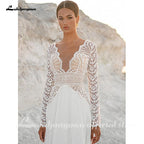 NumberSea Vintage Lace Long Sleeves Boho Wedding Dresses 2021 V Neck Bohemian Chiffon Bridal Dress Hochzeit Longue Robe 2021