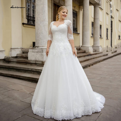 NumberSea Brautkleid in Übergröße mit halblangen Ärmeln, maßgefertigt mit Spitzenapplikationen und Schnürung am Rücken, Brautkleid für große Frauen