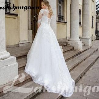 Robe de mariée grande taille NumberSea avec manches trois-quarts, applications de dentelle sur mesure et laçage dans le dos pour femmes en forte taille