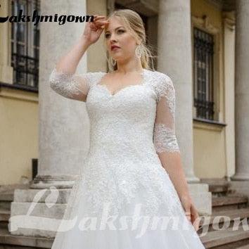 NumberSea Brautkleid in Übergröße mit halblangen Ärmeln, maßgefertigt mit Spitzenapplikationen und Schnürung am Rücken, Brautkleid für große Frauen