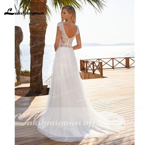 NumberSea robe de mariée Col V profond Dentelle Manches chauve-souris Dos nu Robes de mariée Sexy Robe de mariée de plage trouwjurk vestido para boda playa