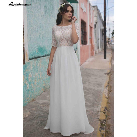 NumberSea Einfaches Brautkleid mit halblangen Ärmeln aus Spitze, elfenbeinfarben, Strand, Bohemian-Brautkleider, rückenfreie Spitze, Vestidos Boda im Boho-Stil, Robe de Mariee