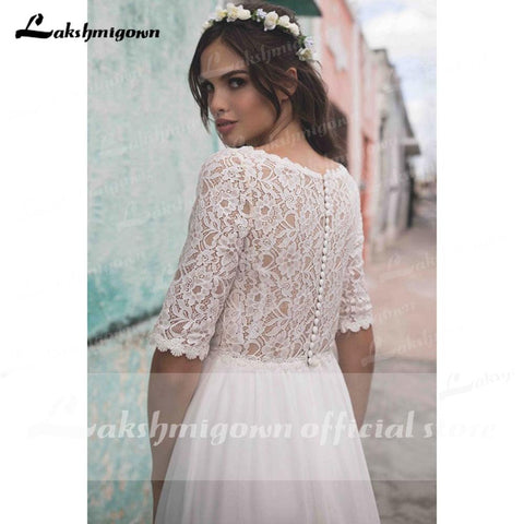 NumberSea Einfaches Brautkleid mit halblangen Ärmeln aus Spitze, elfenbeinfarben, Strand, Bohemian-Brautkleider, rückenfreie Spitze, Vestidos Boda im Boho-Stil, Robe de Mariee