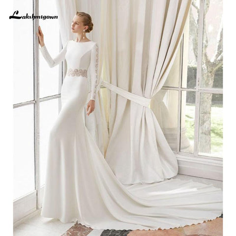 NumberSea Weißes Spitzen-Chiffon-Hochzeitskleid 2021 Boho Scoop Neck Court Train Spitze Langarm A-Linie Brautkleider Plus Size Custom Made