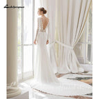 NumberSea White Lace Chiffon Wedding Dress 2021 Boho Scoop Neck Court Train Lace Long Sleeve A Line Bridal Gowns Plus Size Custom Made