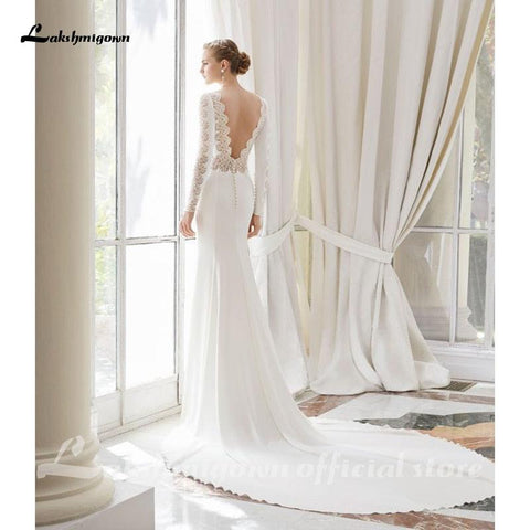 NumberSea Weißes Spitzen-Chiffon-Hochzeitskleid 2021 Boho Scoop Neck Court Train Spitze Langarm A-Linie Brautkleider Plus Size Custom Made