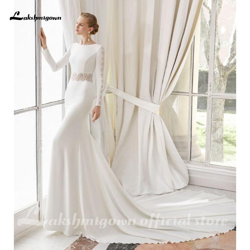 NumberSea White Lace Chiffon Wedding Dress 2021 Boho Scoop Neck Court Train Lace Long Sleeve A Line Bridal Gowns Plus Size Custom Made