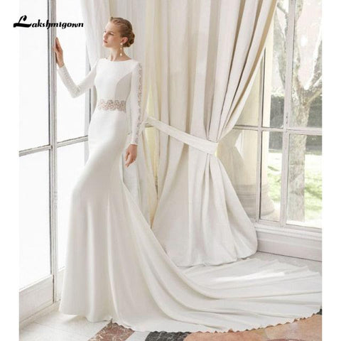 NumberSea Weißes Spitzen-Chiffon-Hochzeitskleid 2021 Boho Scoop Neck Court Train Spitze Langarm A-Linie Brautkleider Plus Size Custom Made