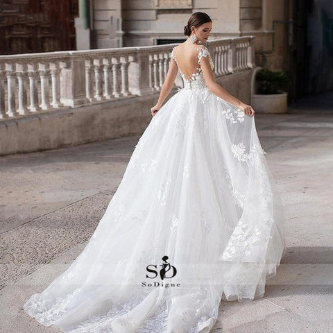 NumberSea Hochzeitskleid 2021 Kurze Ärmel Applikationen Meerjungfrau Brautkleid mit abnehmbarer Schleppe über dem Rock Spitze Brautkleider