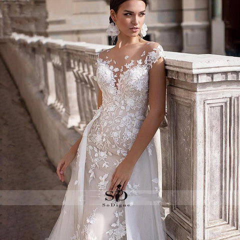 NumberSea Hochzeitskleid 2021 Kurze Ärmel Applikationen Meerjungfrau Brautkleid mit abnehmbarer Schleppe über dem Rock Spitze Brautkleider