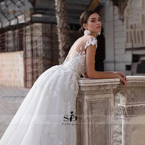 NumberSea Hochzeitskleid 2021 Kurze Ärmel Applikationen Meerjungfrau Brautkleid mit abnehmbarer Schleppe über dem Rock Spitze Brautkleider