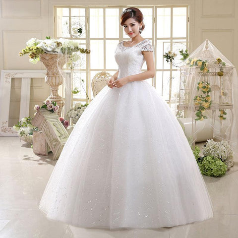 NumberSea Weißes Brautkleid mit kurzen Ärmeln, schlichter O-Ausschnitt, Stickerei, bodenlang, rückenfrei, mit Schnürung, Übergröße, Brautkleider für Frauen G111