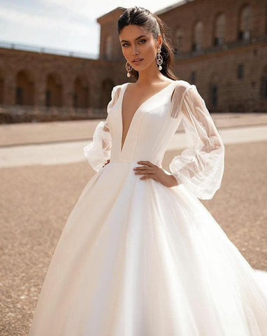 Vestidos de noiva simples NumberSea, sexy, decote em V, mangas compridas removíveis, vintage, de cetim, costas nuas, vestido de noiva para praia