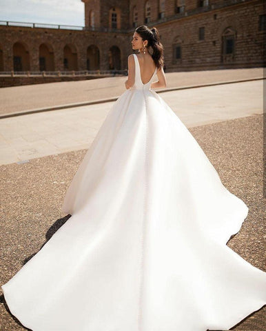 Vestidos de noiva simples NumberSea, sexy, decote em V, mangas compridas removíveis, vintage, de cetim, costas nuas, vestido de noiva para praia
