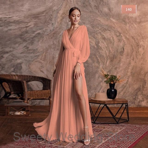 NumberSea Schlichtes Brautkleid, sexy V-Ausschnitt, lange Ärmel, schlichtes Chiffon-A-Linien-Strandhochzeitskleid, Seitenschlitz, Brautkleider