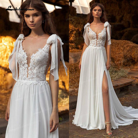 NumberSea Sexy Side Slit Boho Brautkleider Sweep Train Charming Beach Chiffon A Line Spitze Brautkleider V-Ausschnitt Vestido de Novia 2021