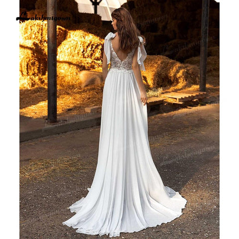 NumberSea Sexy Side Slit Boho Brautkleider Sweep Train Charming Beach Chiffon A Line Spitze Brautkleider V-Ausschnitt Vestido de Novia 2021