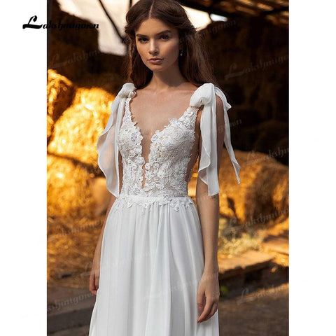 NumberSea Sexy Side Slit Boho Brautkleider Sweep Train Charming Beach Chiffon A Line Spitze Brautkleider V-Ausschnitt Vestido de Novia 2021