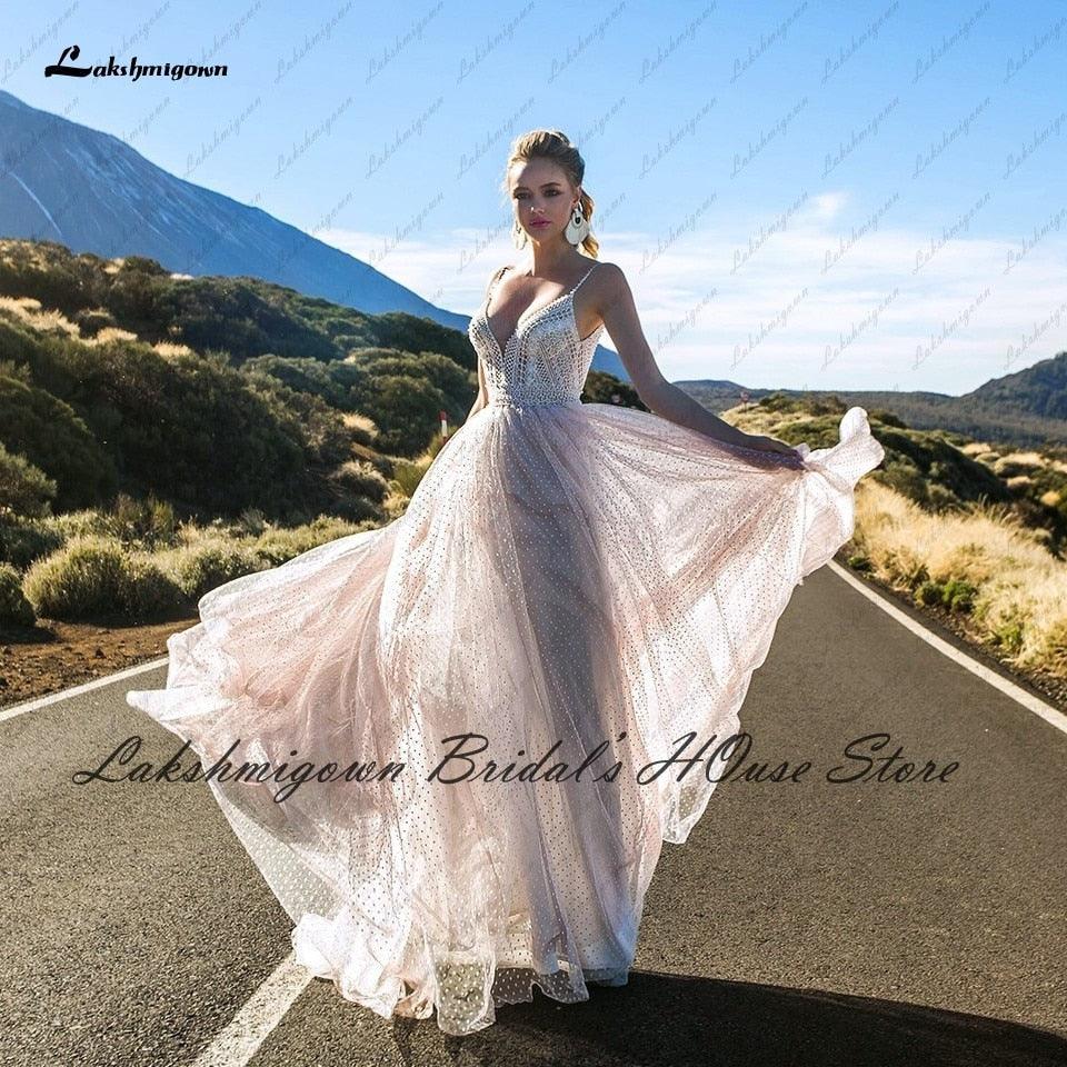 NumberSea Vestido Novia Boho Blush Plush Pink Wedding Dress Summer 2021 New Mariage Bridal Lace Bodice Sexy Wedding Gowns Spaghetti Straps
