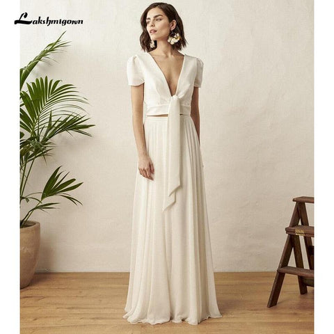 NumberSea Zweiteiliges weißes Brautkleid Boho Brautkleid Schlichtes Strandkleid Kurzarm Rückenfrei Robe De Mariee Für Frauen