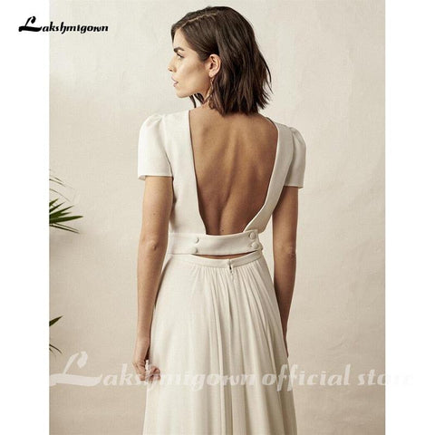 NumberSea Zweiteiliges weißes Brautkleid Boho Brautkleid Schlichtes Strandkleid Kurzarm Rückenfrei Robe De Mariee Für Frauen